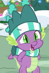 Size: 491x720 | Tagged: safe, imported from derpibooru, screencap, spike, dragon, best gift ever, arm behind back, clothes, cropped, hat, male, scarf, smiling, tail, winged spike, wings, winter outfit