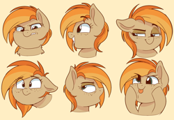 Size: 2752x1891 | Tagged: safe, artist:thegamblehorse, imported from derpibooru, oc, oc only, oc:parlay, earth pony, pony, :p, angry, colored sketch, expressions, female, freckles, happy, mare, raised eyebrow, scared, silly, smiling, solo, squishy cheeks, tongue out