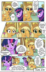 Size: 1800x2768 | Tagged: safe, artist:brokententacle, imported from derpibooru, applejack, twilight sparkle, alicorn, comic:curse and madness, applejack's hat, cloud, comic, cowboy hat, creepy eyes, day, dialogue, doppelganger, doppleganger, female, hat, heterochromia, mare, mlpcam, ponyville, red pupils, sky, text, text bubbles, twilight sparkle (alicorn)