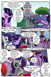 Size: 724x1102 | Tagged: safe, artist:metal-jacket444, imported from derpibooru, rarity, twilight sparkle, alicorn, comic:curse and madness, carousel boutique, clothes, comic, day, dialogue, dress, female, mare, mlpcam, onomatopoeia, sky, text, text bubbles, tree, twilight sparkle (alicorn)