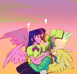 Size: 1700x1636 | Tagged: safe, artist:nounoo, imported from derpibooru, rainbow dash, twilight sparkle, human, equestria girls, book, eyes closed, female, heart, humanized, lesbian, shipping, twidash, winged humanization, wings