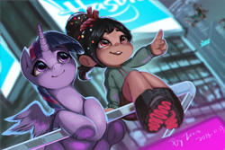 Size: 3000x2000 | Tagged: safe, artist:theprince, imported from derpibooru, twilight sparkle, alicorn, pony, crossover, disney, duo, female, frog (hoof), hasbro, hasbro logo, mare, pointing, ralph breaks the internet, twilight sparkle (alicorn), underhoof, vanellope von schweetz, wreck-it ralph