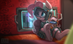 Size: 1641x993 | Tagged: safe, artist:theprince, imported from derpibooru, pinkie pie, earth pony, pony, :p, female, headgear, helmet, mare, rainbow six siege, silly, solo, tongue out