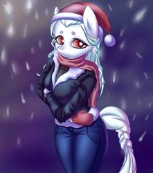 Size: 1500x1696 | Tagged: safe, artist:derpifecalus, imported from derpibooru, oc, oc only, oc:snow cloud, anthro, earth pony, braided tail, christmas, clothes, female, hat, holiday, santa hat, solo, tail, ych result