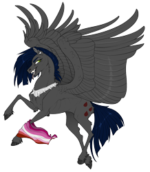 Size: 1024x1172 | Tagged: safe, artist:dementra369, imported from derpibooru, oc, oc only, oc:ruby drop, pegasus, pony, collar, ear piercing, fangs, lesbian pride flag, lgbt, piercing, pride, pride month, simple background, solo, spiked collar, spread wings, tongue out, transparent background, wings