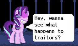 Size: 545x320 | Tagged: safe, artist:akakun, artist:luckreza8, edit, imported from derpibooru, starlight glimmer, pony, unicorn, deltarune, dialogue, evil grin, female, grin, pixel art, smiling, solo, susie (deltarune)