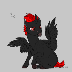 Size: 1024x1024 | Tagged: safe, artist:dementra369, imported from derpibooru, oc, oc only, alicorn, pony, >:p, alicorn oc, foal, frown, male, raised hoof, red and black oc, simple background, sitting, solo, tongue out