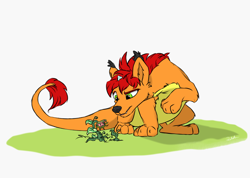 Size: 1024x731 | Tagged: safe, artist:rutkotka, imported from derpibooru, oc, oc:deimhal, draconequus, curious, paws, plant