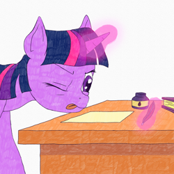 Size: 1280x1280 | Tagged: safe, artist:somepony, imported from derpibooru, twilight sparkle, pony, book, female, inkwell, magic, newbie artist training grounds, paper, quill, solo, tongue out, traditional art