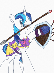 Size: 946x1280 | Tagged: safe, artist:somepony, imported from derpibooru, shining armor, pony, male, mouth hold, newbie artist training grounds, shield, solo, spear, traditional art, weapon