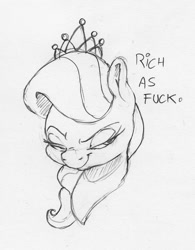 Size: 956x1227 | Tagged: safe, artist:dilarus, deleted from derpibooru, imported from derpibooru, diamond tiara, earth pony, pony, bust, jewelry, monochrome, simple background, smiling, smirk, tiara, traditional art, vulgar, white background