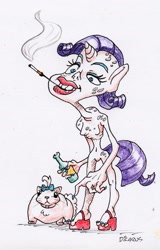 Size: 929x1450 | Tagged: safe, artist:dilarus, deleted from derpibooru, imported from derpibooru, opalescence, rarity, anthro, cat, comic:the many faces of twilight sparkle, bottle, cigarette, color, not salmon, simple background, smoke, traditional art, wat, white background