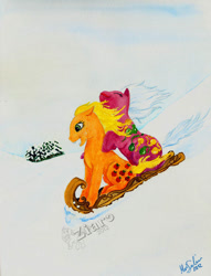 Size: 600x785 | Tagged: safe, artist:z1ar0, imported from derpibooru, applejack (g1), up up and away, duo, g1, sled, sledding, snow, twice as fancy ponies, winter