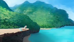 Size: 2560x1440 | Tagged: safe, artist:floverale-hellewen, imported from derpibooru, coco pommel, earth pony, pony, cliff, female, forest, looking down, mare, mountain, ocean, outdoors, prone, scenery, signature, solo