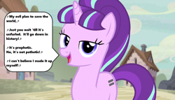 Size: 1258x720 | Tagged: safe, edit, edited screencap, imported from derpibooru, screencap, starlight glimmer, pony, season 5, the cutie map, bangs, cloud, cottage, equal cutie mark, equality mark, female, five iron frenzy, lyrics, music notes, my evil plan to save the world, open mouth, s5 starlight, singing, solo, song reference, speech bubble, starlight's village, text