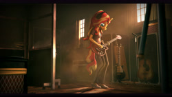 Size: 9600x5400 | Tagged: safe, artist:imafutureguitarhero, imported from derpibooru, sunset shimmer, anthro, plantigrade anthro, unicorn, equestria girls, 3d, absurd file size, absurd resolution, acoustic guitar, adidas, amplifier, black bars, bohemian rhapsody, brian may, cable, carpet, chromatic aberration, clothes, colored eyebrows, crepuscular rays, curtains, cymbals, drums, electric guitar, female, film grain, freckles, gibson, guitar, guitar amp, guitar case, headphones, jacket, les paul, long hair, mare, microphone, microphone stand, multicolored hair, multicolored tail, musical instrument, pants, peppered bacon, playing instrument, queen (band), shoes, signature, solo, source filmmaker, studio, window