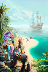 Size: 1000x1503 | Tagged: safe, artist:nemo2d, imported from derpibooru, oc, oc only, pony, fanfic:the wealth of the world, beach, dinghy, fanfic, fanfic art, female, illustration, male, mare, outdoors, pirate ship, saddle bag, sailship, ship, shore, stallion, the stern as fat, watermark