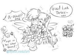 Size: 1091x778 | Tagged: safe, artist:tylerdashart, imported from derpibooru, applejack, fluttershy, pinkie pie, rainbow dash, rarity, twilight sparkle, human, equestria girls, abs, alternate hairstyle, clothes, cross-popping veins, exclamation point, female, humanized, interrobang, kissing, lesbian, lineart, mane six, midriff, monochrome, ponied up, question mark, shipping, short hair, simple background, sports bra, spread wings, twidash, white background, wingboner, winged humanization, wings