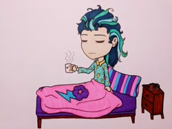 Size: 835x626 | Tagged: safe, artist:metalamethyst, imported from derpibooru, indigo zap, equestria girls, bed, bed hair, blanket, coffee, coffee mug, mug, nightstand, pillow, simple background, sleepy, traditional art, white background