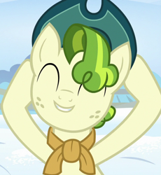 Size: 660x716 | Tagged: safe, imported from derpibooru, screencap, pistachio, earth pony, pony, best gift ever, cropped, cute, eyes closed, hat, male, pistachiaww, solo, stallion