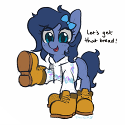 Size: 933x933 | Tagged: safe, artist:dawnfire, imported from derpibooru, oc, oc only, oc:whinny, earth pony, pony, boots, bow, bread, clothes, commission, dialogue, eye clipping through hair, female, food, hair bow, hoodie, let's get that bread, mare, open mouth, raised hoof, shoes, signature, simple background, smiling, solo jazz, timberland boots, white background