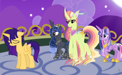 Size: 2260x1390 | Tagged: safe, artist:ilaria122, imported from derpibooru, twilight sparkle, oc, oc:princess heaven serenity, oc:princess moonclipse, oc:shooting star (ilaria122), alicorn, changeling, changepony, hybrid, pony, unicorn, changeling oc, crown, female, hoof shoes, jewelry, mare, next generation, offspring, parent:flash sentry, parent:king sombra, parent:princess celestia, parent:princess luna, parent:thorax, parent:twilight sparkle, parents:flashlight, parents:lumbra, parents:thoralestia, regalia, sad, simple background, twilight sparkle (alicorn), ultimate twilight