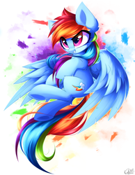 Size: 3650x4700 | Tagged: safe, artist:kaleido-art, imported from derpibooru, rainbow dash, pegasus, pony, abstract background, backwards cutie mark, commission, female, flying, mare, smiling, solo, spread wings, updated, wings