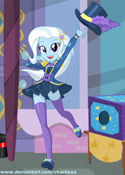 Size: 552x776 | Tagged: safe, artist:charliexe, imported from derpibooru, trixie, equestria girls, equestria girls series, street magic with trixie, spoiler:eqg series (season 2), arm behind head, barrette, beautiful, clothes, cute, diatrixes, dress, epaulettes, female, hairclip, hairpin, hat, high heels, legs, looking at you, minidress, miniskirt, open mouth, outdoors, paraskirt, shoes, skirt, socks, solo, thigh highs, top hat, zettai ryouiki