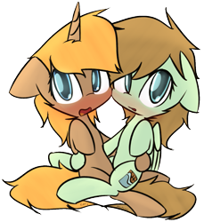 Size: 1029x1123 | Tagged: safe, artist:lofis, imported from derpibooru, oc, oc:mint chocolate, oc:slypai, pegasus, pony, unicorn, 2019 community collab, derpibooru community collaboration, awkward, blushing, couple, cuddling, female, femboy, flustered, friends, horn, hug, looking at you, male, mare, simple background, snuggling, stallion, transparent background, wings