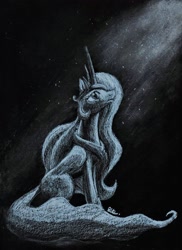 Size: 850x1170 | Tagged: safe, artist:brogararts, imported from derpibooru, princess celestia, alicorn, pony, lullaby for a princess, crying, female, looking up, mare, monochrome, sad, solo, teary eyes, traditional art