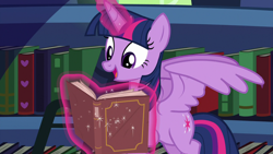 Size: 1280x720 | Tagged: safe, imported from derpibooru, screencap, twilight sparkle, alicorn, pony, best gift ever, adorkable, book, bookshelf, cute, dork, female, flying, ladder, magic, magic aura, mare, reading, smiley faceing, solo, that pony sure does love books, twilight sparkle (alicorn)