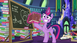 Size: 1280x720 | Tagged: safe, imported from derpibooru, screencap, twilight sparkle, alicorn, pony, best gift ever, adorkable, book, chalkboard, cute, dork, female, levitation, magic, mare, smiling, solo, telekinesis, twilight sparkle (alicorn)