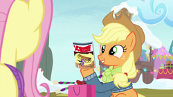 Size: 1280x720 | Tagged: safe, imported from derpibooru, screencap, applejack, fluttershy, pony, best gift ever, comic book, happy face