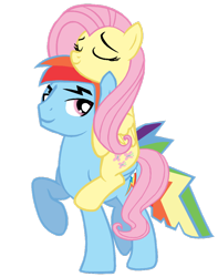 Size: 794x1006 | Tagged: safe, artist:dilemmas4u, imported from derpibooru, fluttershy, rainbow dash, pegasus, pony, female, flutterblitz, flutterdash, fluttershy riding rainbow dash, half r63 shipping, male, ponies riding ponies, rainbow blitz, riding, rule 63, shipping, show accurate, straight