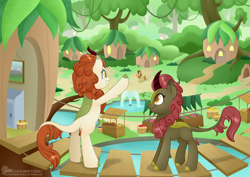 Size: 4950x3510 | Tagged: safe, artist:raspberrystudios, imported from derpibooru, autumn afternoon, autumn blaze, maple brown, kirin, sounds of silence, background kirin, cloven hooves, colored hooves, female, fountain, hind legs, house, kirin village, male, standing, village, waving