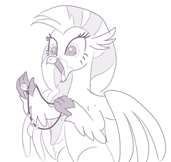 Size: 1048x995 | Tagged: safe, artist:sintakhra, imported from derpibooru, silverstream, classical hippogriff, hippogriff, tumblr:studentsix, claw hold, cute, diastreamies, excited, female, grayscale, irrational exuberance, jewelry, keychain, monochrome, necklace, open mouth, quadrupedal, simple background, smiling, solo, stair keychain, stairs, starry eyes, that hippogriff sure does love stairs, tongue out, white background, wingding eyes