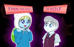 Size: 800x512 | Tagged: safe, artist:blu-usagi, imported from derpibooru, oc, oc:dr. wolf, oc:finn the pony, equestria girls, friendship games, adventure time, backpack, clothes, crystal prep academy uniform, equestria girls-ified, finn the human, hat, school uniform, smiling, text