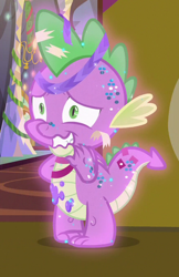 Size: 436x672 | Tagged: safe, imported from derpibooru, screencap, spike, dragon, best gift ever, awkward smile, cropped, glitter, male, smiling, solo focus, tail, winged spike, wings