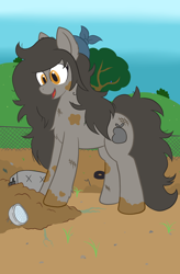 Size: 912x1393 | Tagged: safe, artist:scraggleman, imported from derpibooru, oc, oc only, oc:trash, earth pony, pony, chest fluff, dirty, female, mare, messy mane, solo, toaster, tree