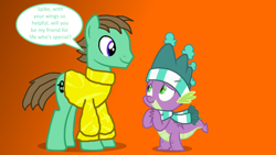 Size: 1280x720 | Tagged: safe, imported from derpibooru, spike, oc, oc:ian, dragon, clothes, dialogue, hat, rhyme, scarf, speech bubble, sweater, text, winged spike, wings