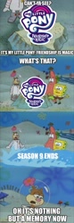 Size: 500x1500 | Tagged: safe, imported from derpibooru, season 9, caption, comic, crossover, dank memes, end of g4, end of ponies, g5 drama, image macro, impact font, meme, memory, sad, sadness, shitposting, spongebob squarepants, texas (spongebob episode), text