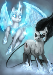 Size: 900x1273 | Tagged: safe, artist:elkaart, imported from derpibooru, oc, oc only, oc:frightmare frost, oc:ronei, alicorn, demon pony, pony, abstract background, alicorn oc, cutie mark, duo, female, flying, frown, glowing eyes, glowing horn, ice, long tail, male, mare, scar, spread wings, stallion, wings