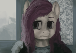 Size: 900x635 | Tagged: safe, artist:elkaart, imported from derpibooru, fluttershy, pegasus, pony, bust, clothes, female, fog, jacket, mare, melancholy, portrait, sad, solo, window