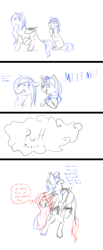 Size: 808x1964 | Tagged: safe, artist:aledera, imported from derpibooru, oc, oc:evening star, oc:star wish, pegasus, pony, unicorn, bondage, cleave gag, cloth gag, comic, female, gag, mare, monochrome, neo noir, partial color, rule 63, starry eyes, tied up, transformation, transgender transformation, wingding eyes