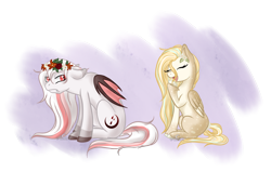 Size: 1412x900 | Tagged: safe, artist:aledera, imported from derpibooru, oc, oc only, oc:healing wish, oc:vladimir, bat pony, pony, female, floral head wreath, flower, laughing, male, mare, stallion