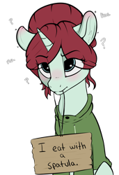 Size: 2249x3297 | Tagged: safe, artist:cold blight, imported from derpibooru, oc, oc only, oc:taffeta, pony, unicorn, blushing, clothes, cute, ear blush, female, mare, mouth hold, pony shaming, sign, simple background, solo, sweater, transparent background