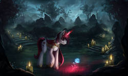 Size: 1920x1152 | Tagged: safe, artist:l1nkoln, imported from derpibooru, oc, oc only, pony, unicorn, candle, commission, female, fire, flower, glowing horn, grass, looking down, magic, mare, smiling, solo, tree