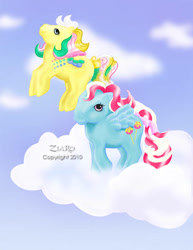 Size: 600x777 | Tagged: safe, artist:z1ar0, imported from derpibooru, ringlet, ringlet (g1 rainbow curl), sugar apple, pegasus, pony, bow, candy cane pony, cloud, duo, flying, g1, rainbow curl pony, tail bow