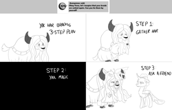 Size: 2564x1646 | Tagged: safe, artist:sintakhra, imported from derpibooru, ocellus, yona, changedling, changeling, yak, tumblr:studentsix, "best yak" trophy, ask, loose hair, messy hair, monochrome, post-it, tumblr