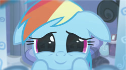 Size: 3384x1885 | Tagged: safe, imported from derpibooru, rainbow dash, pony, eye, eye reflection, eyes, floppy ears, looking at mirror, looking at you, mirror, offscreen character, pov, rainbow dash's bedroom, recursion, reflection, smiling